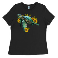 Black sea turtle with sunflowers Ladies Tee - Artiststas