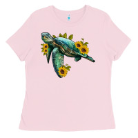 Bubblegum Pink sea turtle with sunflowers Ladies Tee - Artiststas
