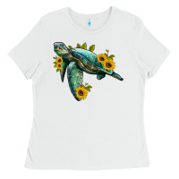 White sea turtle with sunflowers Ladies Tee - Artiststas