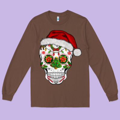 Sugar Skull  Christmas Long Sleeve Tee Designed By Barkaloodesign