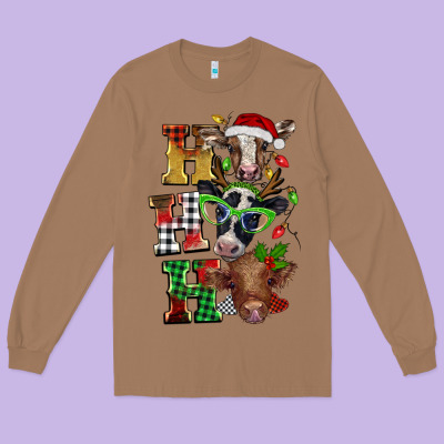 Christmas Ho Ho Ho Cow Long Sleeve Tee Designed By Barkaloodesign