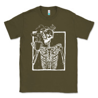 Army Green distressed skeleton vintage smiling skull drinking coffee Classic Tee - artisFamous
