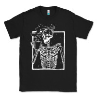 Black distressed skeleton vintage smiling skull drinking coffee Classic Tee - artisFamous