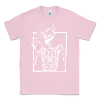Bubblegum Pink distressed skeleton vintage smiling skull drinking coffee Classic Tee - artisFamous