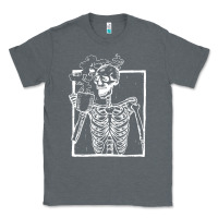 Charcoal Heather distressed skeleton vintage smiling skull drinking coffee Classic Tee - artisFamous