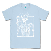 Dusty Blue distressed skeleton vintage smiling skull drinking coffee Classic Tee - artisFamous