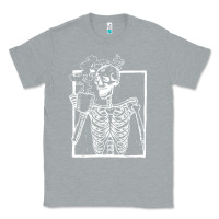 Heather Grey distressed skeleton vintage smiling skull drinking coffee Classic Tee - artisFamous