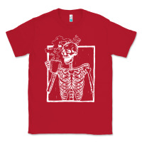 Red distressed skeleton vintage smiling skull drinking coffee Classic Tee - artisFamous