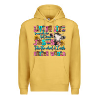 Antique Gold living life somewhere between jesus take the wheel Premium Hoodie - AdoDesignShop