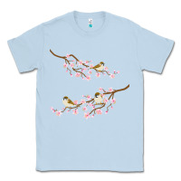 Dusty Blue cherry blossom sakura with bird Classic Tee - artisFamous