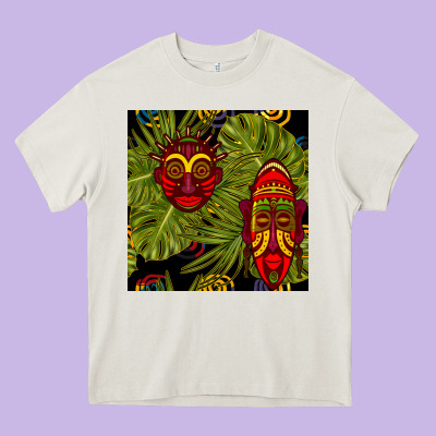 African Masks And Monstera Leaf Seamless Pattern Heavy Core Tee Designed By Bundleandbundleshop