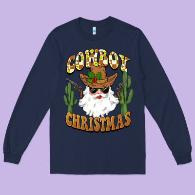 Cowboy Christmas Santa Long Sleeve Tee Designed By Barkaloodesign