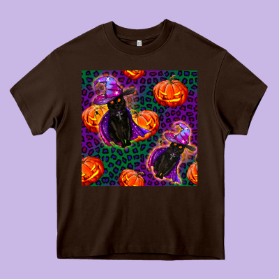 Witchy Cat And Pumpkins Seamless Paternal Heavy Core Tee Designed By Bundleandbundleshop