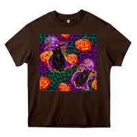 Chocolate Brown witchy cat and pumpkins seamless paternal Heavy Core Tee - BundleAndBundleShop