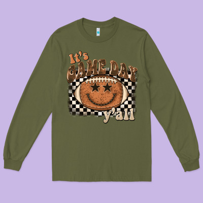 It's Game Day Y'all Football Smiley Face Long Sleeve Tee Designed By Barkaloodesign