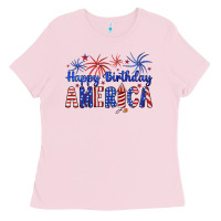 Bubblegum Pink happy birthday america Ladies Tee - Artiststas