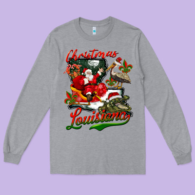 Louisiana Christmas With Santa Long Sleeve Tee Designed By Barkaloodesign