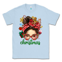 Dusty Blue Christmas Messy Bun With Gingerbread Man Classic Tee - BundleAndBundleShop