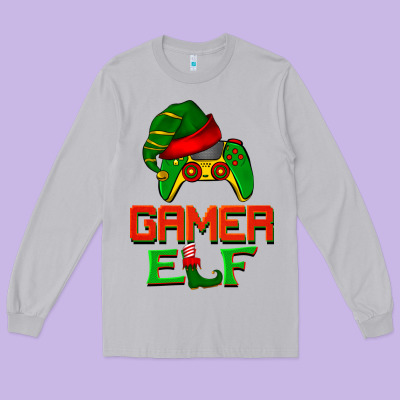 Christmas Gamer Elf Long Sleeve Tee Designed By Barkaloodesign