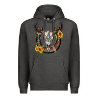 Charcoal Heather bull skull with horseshoe Premium Hoodie - RanaPortraitStore