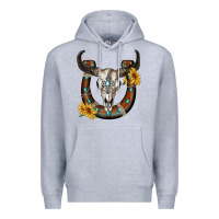Heather Grey bull skull with horseshoe Premium Hoodie - RanaPortraitStore