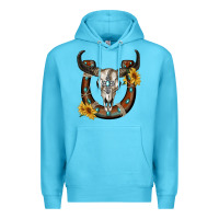 Ocean Blue bull skull with horseshoe Premium Hoodie - RanaPortraitStore