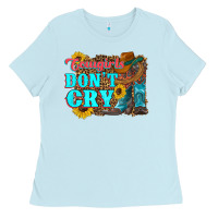 Baby Blue cowgirls don't crty boots hat sunflowers Ladies Tee - Artiststas