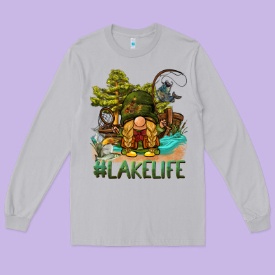 Lake Life Gnome Long Sleeve Tee Designed By Barkaloodesign
