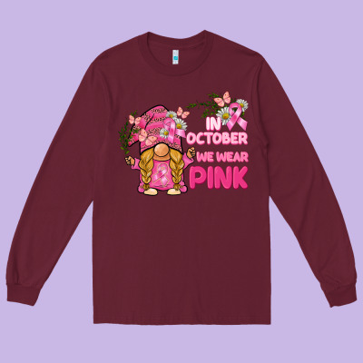 In October We Wear Pink Gnome Long Sleeve Tee Designed By Barkaloodesign