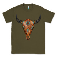 Army Green Western Tooled Leather Bull Skull Classic Tee - Jasminsmagicworld