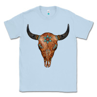 Dusty Blue Western Tooled Leather Bull Skull Classic Tee - Jasminsmagicworld