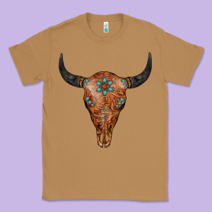 Western Tooled Leather Bull Skull Classic Tee Designed By Jasminsmagicworld