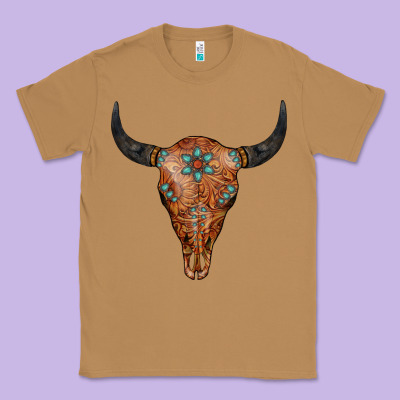 Western Tooled Leather Bull Skull Classic Tee Designed By Jasminsmagicworld