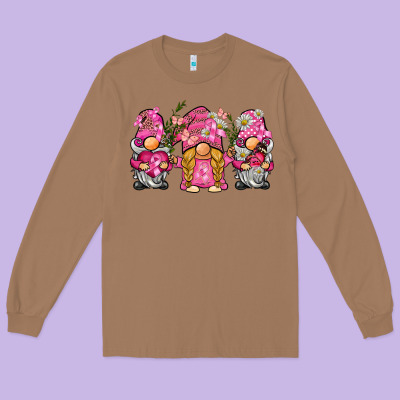 Breast Cancer Gnome Long Sleeve Tee Designed By Barkaloodesign