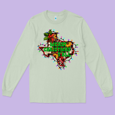Merry Christmas Y'all Texas Map Long Sleeve Tee Designed By Barkaloodesign
