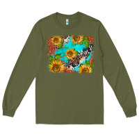 Army Green western sunflowers turquoise cowhide  tooled leather Long Sleeve Tee - BarkalooDesign