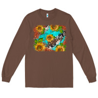 Chestnut western sunflowers turquoise cowhide  tooled leather Long Sleeve Tee - BarkalooDesign