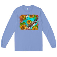 Colony Blue western sunflowers turquoise cowhide  tooled leather Long Sleeve Tee - BarkalooDesign