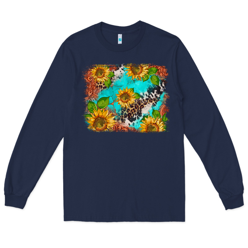 Western Sunflowers Turquoise Cowhide  Tooled Leather Long Sleeve Tee by BarkalooDesign | Teevron
