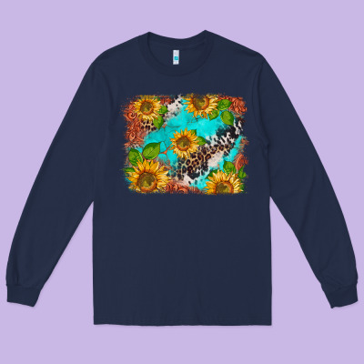 Western Sunflowers Turquoise Cowhide  Tooled Leather Long Sleeve Tee Designed By Barkaloodesign