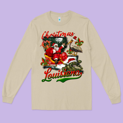 Louisiana Christmas With  Afro Santa Long Sleeve Tee Designed By Barkaloodesign