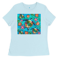 Baby Blue Turtle summer seashells starfish seaweed Ladies Tee - Artiststas