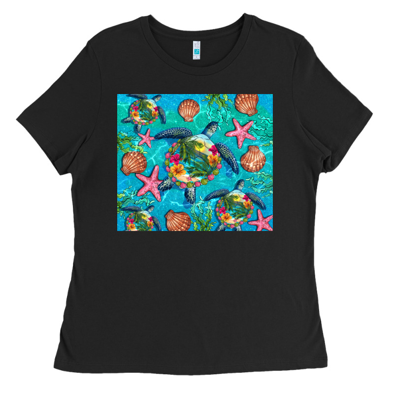 Turtle Summer Seashells Starfish Seaweed Ladies Tee by Artiststas | Teevron