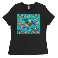 Black Turtle summer seashells starfish seaweed Ladies Tee - Artiststas