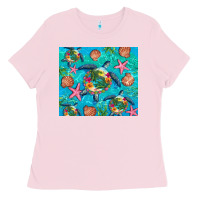Bubblegum Pink Turtle summer seashells starfish seaweed Ladies Tee - Artiststas