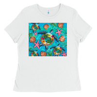 White Turtle summer seashells starfish seaweed Ladies Tee - Artiststas