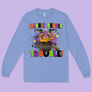 Kids Halloween Hubble Bubble Here Comes Trouble Long Sleeve Tee Designed By Barkaloodesign