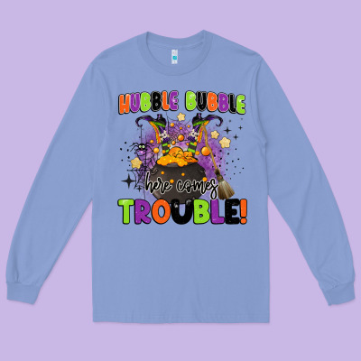 Kids Halloween Hubble Bubble Here Comes Trouble Long Sleeve Tee Designed By Barkaloodesign