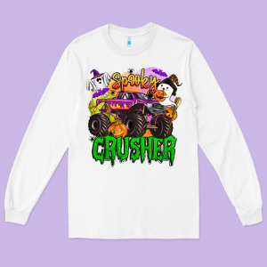 Spooky Crusher Monster Truck Long Sleeve Tee Designed By Barkaloodesign