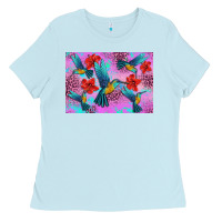 Baby Blue Flower Hummingbird Ladies Tee - Artiststas